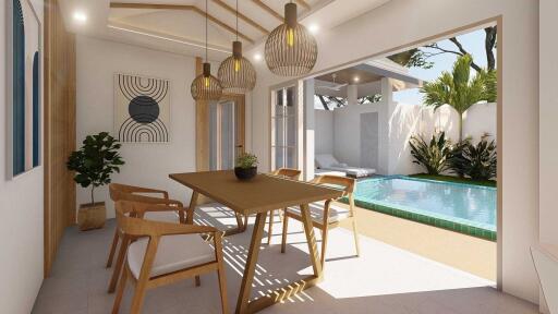 Modern dining area with view of the pool