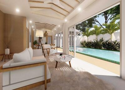 Spacious modern living room with pool view and large windows
