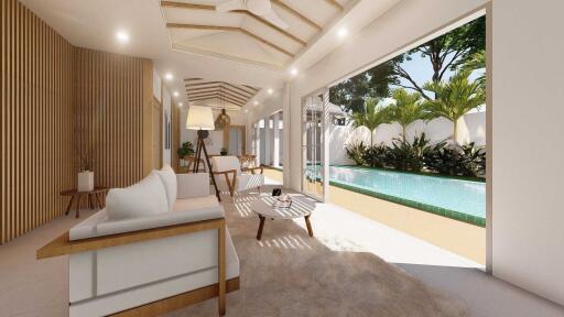 Spacious modern living room with pool view and large windows