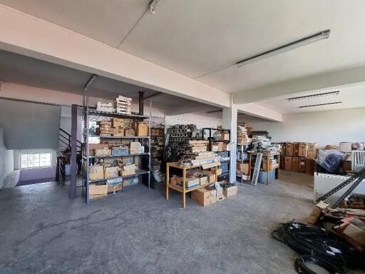 Inventory storage room with shelves and assorted items