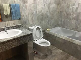 Modern bathroom with granite countertop, sink, toilet, and bathtub