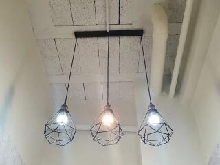 Modern pendant lights hanging from a high ceiling