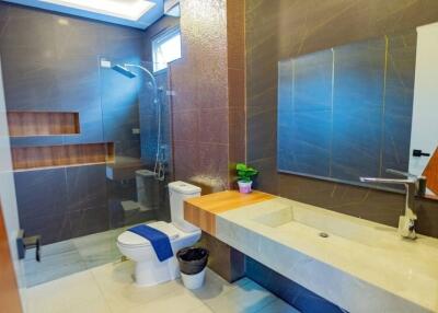 Modern bathroom with walk-in shower, toilet, and large mirror