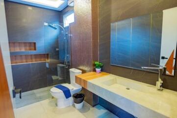 Modern bathroom with walk-in shower, toilet, and large mirror