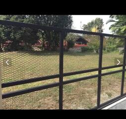 View of backyard through a metal mesh fence