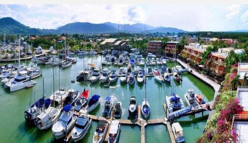 Scenic view of a marina with multiple boats docked, surrounded by buildings and hills