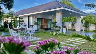 Modern house exterior with a garden