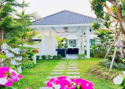 Beautiful garden with a pathway leading to the house, surrounded by flowering plants and trees.