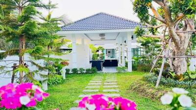 Beautiful garden with a pathway leading to the house, surrounded by flowering plants and trees.