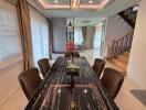 Modern dining room with elegant furnishings and lighting