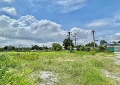 Open land under a clear blue sky with power lines and nearby structures