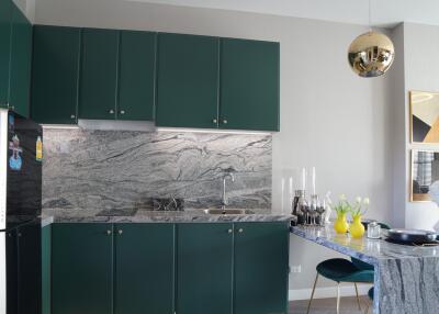 Modern kitchen with green cabinets, marble countertop and backsplash