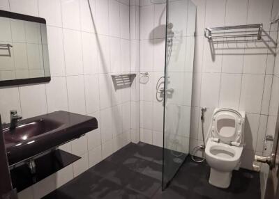 Modern bathroom with glass shower and black sink