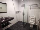 Modern bathroom with glass shower and black sink