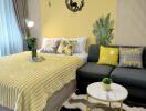 Cozy and stylishly decorated bedroom with yellow and green accents