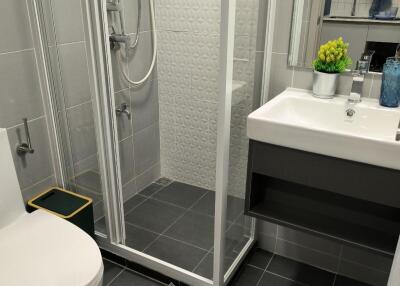 Modern bathroom with shower, toilet, sink, and playful mat