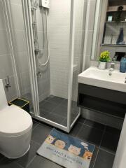 Modern bathroom with shower, toilet, sink, and playful mat