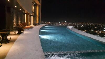 Rooftop swimming pool with city view at night