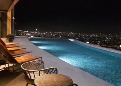 Rooftop infinity pool with city skyline view at night