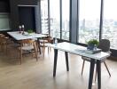 Modern dining area with a city view