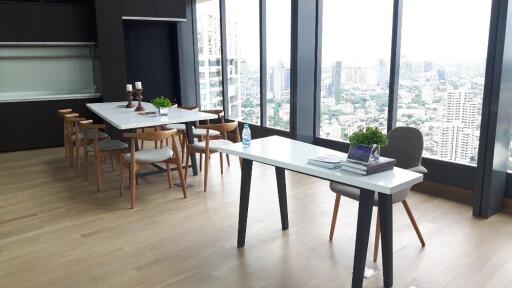 Modern dining area with a city view