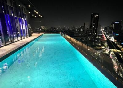 Rooftop pool with city view at night