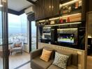 Modern living room with balcony and city view