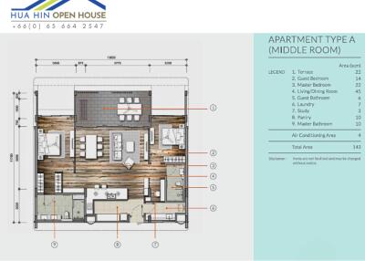 Apartment Type A floor plan with dimensions and labeled rooms