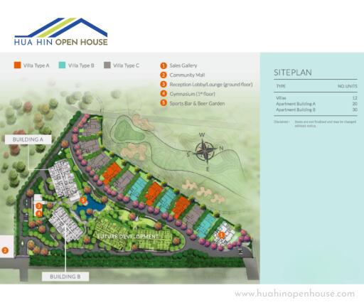 Site plan of Hua Hin Open House showing buildings, amenities, and surrounding areas