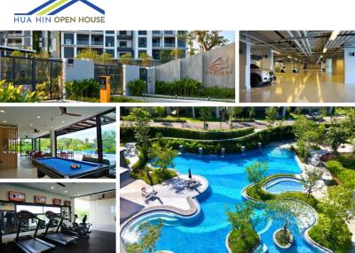 Collage of a mixed-use facility with pool, gym, billiard room, parking area, and outdoor spaces