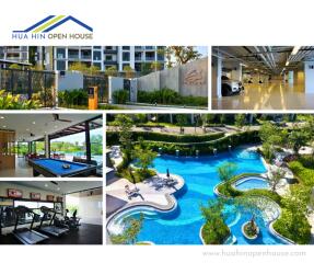 Collage of a mixed-use facility with pool, gym, billiard room, parking area, and outdoor spaces