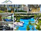 Collage of a mixed-use facility with pool, gym, billiard room, parking area, and outdoor spaces