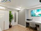 Modern bedroom with desk and TV