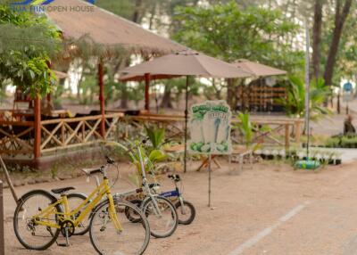 Outdoor seating area with bicycles