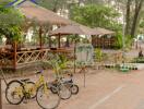 Outdoor seating area with bicycles