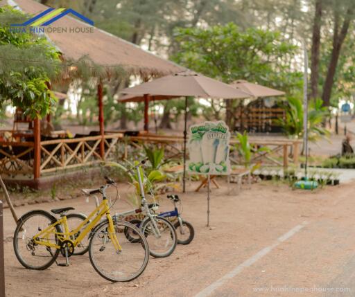 Outdoor seating area with bicycles