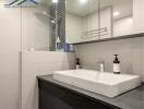 Modern bathroom with a rectangular sink, large mirror, and stylish decor