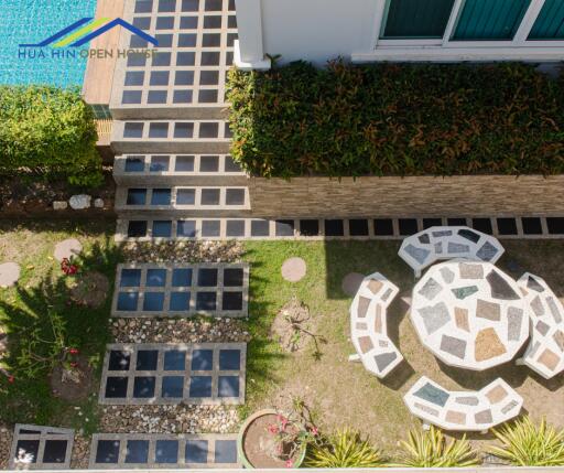 Outdoor seating area with garden