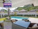 Outdoor view of a luxurious patio with a swimming pool and mountain backdrop