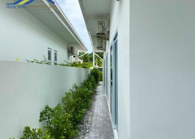 Narrow outdoor walkway beside a modern building with white walls and green plants