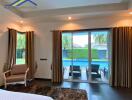 Bedroom with view of a pool