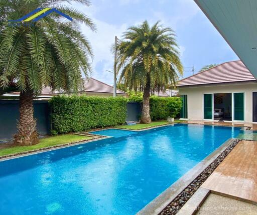 Luxury outdoor pool area with palm trees and modern house