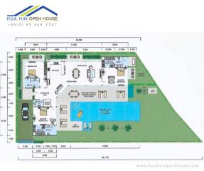 Floor plan with various rooms and pool area