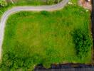 Aerial view of a green plot of land with a curved road