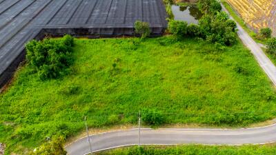 Aerial view of a green land plot with surrounding road