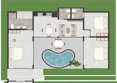 Floor plan showing bedrooms, bathrooms, kitchen, living area, and swimming pool