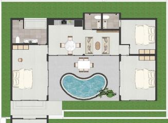 Floor plan showing bedrooms, bathrooms, kitchen, living area, and swimming pool