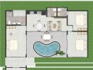 Floor plan showing bedrooms, bathrooms, kitchen, living area, and swimming pool