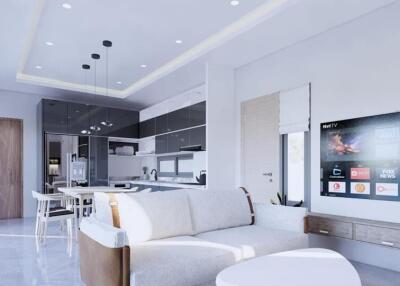 Modern open-plan living room with kitchen