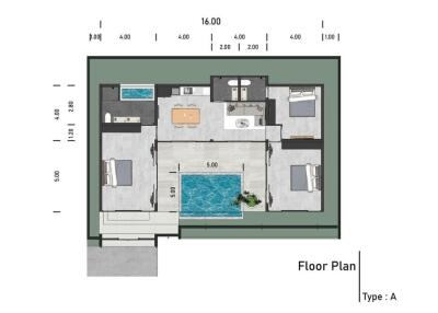 Building floor plan with two bedrooms, a kitchen, a living room, and a pool